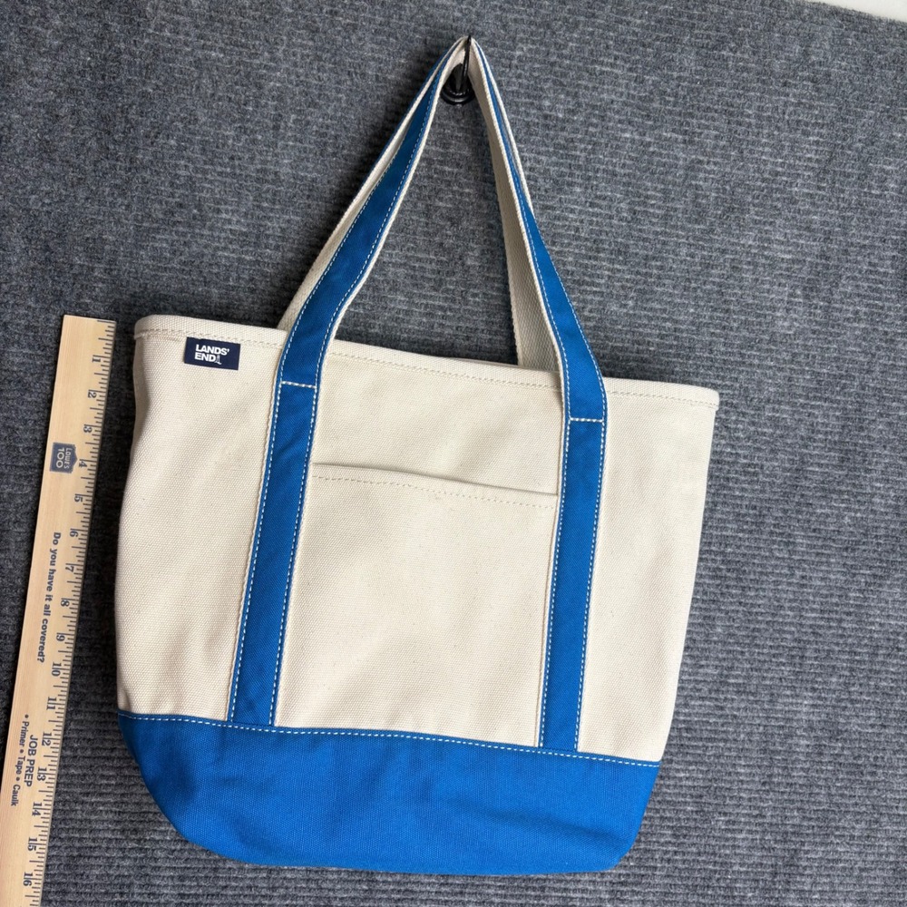 Lands End Canvas Tote Bag Blue Cream Open Top Medium Beach Bag Handbag - Picture 2 of 5